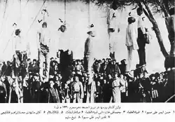 First round of execution of revolutionaries and Tabrizi people by Russian forces. The gibbet is colored in the Russian Tsar's flag colors
