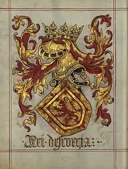 The Royal Arms of Scotland Or a lion rampant Gules within a double tressure flory-counter-flory of the second[9]