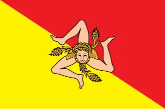 Flag of Sicily , — the winged head of Medusa with three ears of wheat protruding from it on three conjoined legs as a triskelion ,