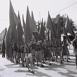 Members of the Hashomer Hatzair youth movement march in the May Day parade in Tel Aviv, 1946