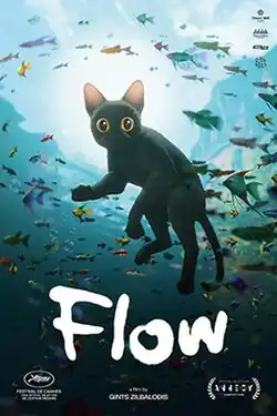 A black cat swims (seen looking at the viewer) underwater with a school of fish swimming in circles. The film's title and other accolades appear below.