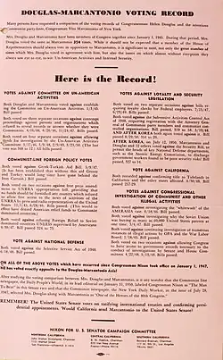 pink piece of paper headed "Douglas-Marcantonio Voting Record"