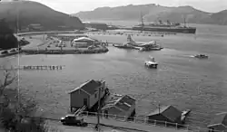 Photo of bay showing flying boats and ship.