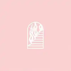 A doorway leading to a stairwell, with a raging fire beside it, on a dark pink background.