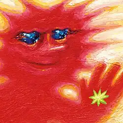 A red sun shaped figure with blue eyes holding up a hand with a star in its palm on a yellow background