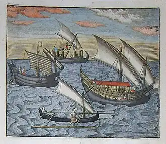 Southeast Asian djongs (D'Eerste Boeck, c. 1599) with both tanja and junk rigs