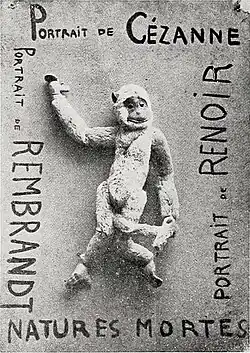 Portrait of Cézanne, Portrait of Renoir, Portrait of Rembrandt, 1920, Toy monkey and oil on cardboard, 39.4 x 55&nbsp;cm, Reproduced in Cannibale, Paris, n. 1, April 25, 1920