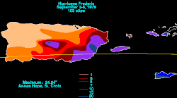 Contoured map showing rainfall totals in increments of two inches (51 millimeters).