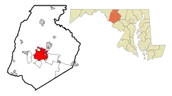 Location of Frederick in Frederick County, Maryland (left) and of Frederick County in Maryland (right)