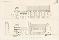 Rendering with front view. The police station is the narrow building to the left and the fire station is the larger building to the right