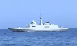 FREMM multipurpose frigate Tahya Misr during "Zat Al-Sawari" naval maneuver concluded in 2016.
