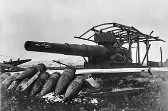 A 24&nbsp;cm railroad gun captured by the Russians during the Petsamo–Kirkenes Offensive.