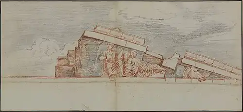 Dessin sépia : statues encadrées dans un triangle