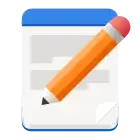 Logo for GNOME Text Editor, which depicts an orange pencil writing lines on a white paper with blue borders along the top and bottom