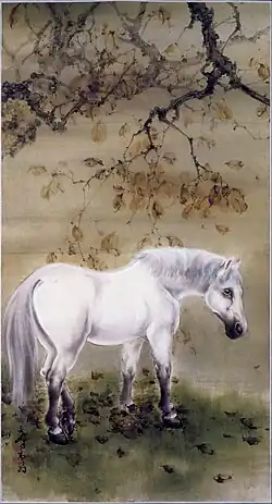 A painting of a white horse standing underneath a tree, leaves falling around it