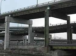 Concrete structure holding up two elevated sections of road