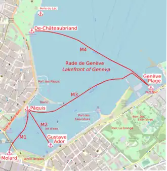 The four lines cross the western end of Lake Geneva