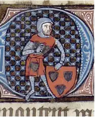 A cartoon-like coloured image of a person in medieval armour leaning on a shield