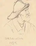 A pencil drawing of a bearded man viewed at bust length from the side. He wears a heavy coat and a sou'wester, a hat which has a small brim at the front and a much longer brim in the back.