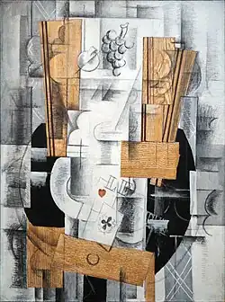 Georges Braque, 1913, Nature morte (Fruit Dish, Ace of Clubs), oil, gouache and charcoal on canvas, 81 x 60&nbsp;cm (31.8 x 23.6 in), Musée National d'Art Moderne, Centre Georges Pompidou, Paris