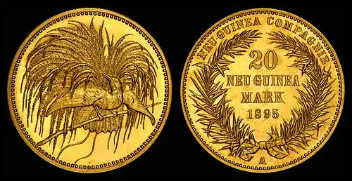 Image 5 German New Guinea Design credit: German New Guinea Company; photographed by the National Numismatic Collection German New Guinea was a German colonial protectorate established in 1884 in the northeastern part of the island of New Guinea and several nearby island groups. The German New Guinea Company was founded in Berlin by Adolph von Hansemann and a syndicate of German bankers for the purpose of colonizing and exploiting the protectorate's resources. This gold coin, worth 20 New Guinean marks, was issued by the German New Guinea Company in 1895, and is now part of the National Numismatic Collection at the Smithsonian Institution.