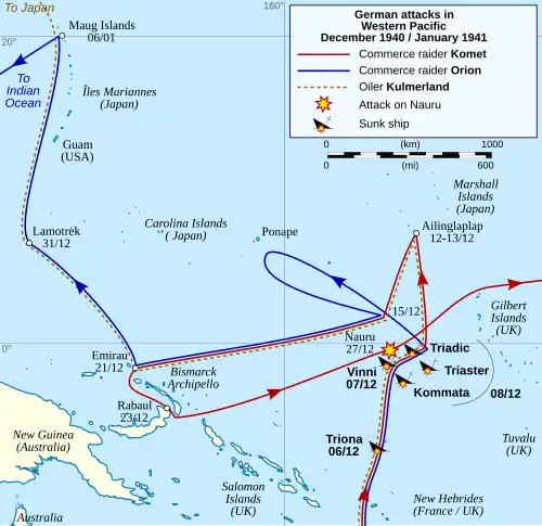Map of the South Pacific showing the routes taken by the German vessels and locations where Allied ships were sunk as described in the article