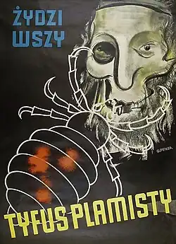 Poster with the image of a skull and an insect, with Polish text