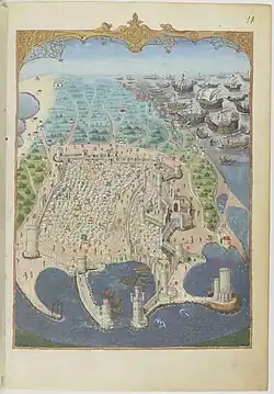 General view of Rhodes at the arrival of the Turks, f.18r.