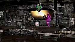 A virtual, mostly gray concert stage with the guitarist in purple.