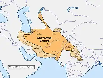 A map of Western Asia showing an empire stretching from Tehran to Lahore