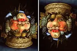 Reversible Head with Basket of Fruit, oil on panel painting by Giuseppe Arcimboldo, c. 1590