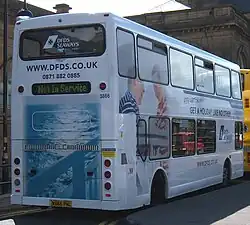 Rear of DFDS Seaways liveried Go North East East Lancs Lolyne-bodied Dennis Trident 2 in Newcastle