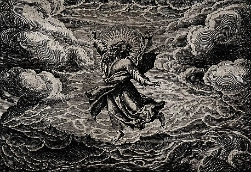 God, suspended in the clouds, creates light