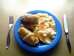 Cabbage rolls, Gołąbki variant, served with mashed potatoes and lecsó sauce