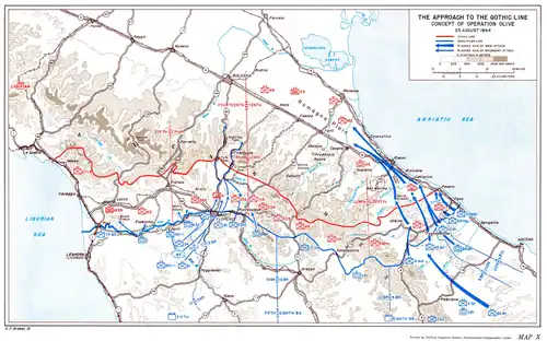 Map showing the planned Allied assault on the Gothic Line in 1944: one of the two main spearheads through the upper Apennines was along the SS 65 towards the Futa and 'Radicosa' passes in the direction of Bologna.[6]