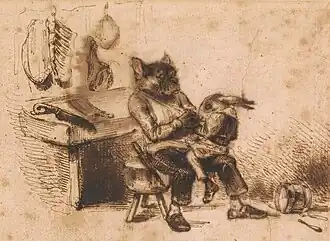A Bulldog Butcher with a Rabbit on his Knee (undated), pen & ink, 9.9 x 11.7&nbsp;cm., Morgan Library & Museum