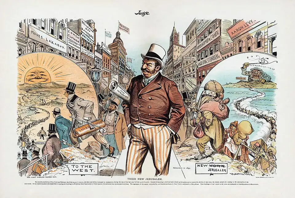"Their New Jerusalem", cartoon about Jewish migration away from Russian persecution to America.