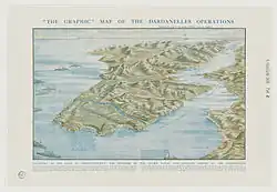 Map of the Dardanelles drawn by G. F. Morrell, 1915, showing the Gallipoli peninsula and the west coast of Turkey, as well as the location of front-line troops and landings during the Gallipoli Campaign