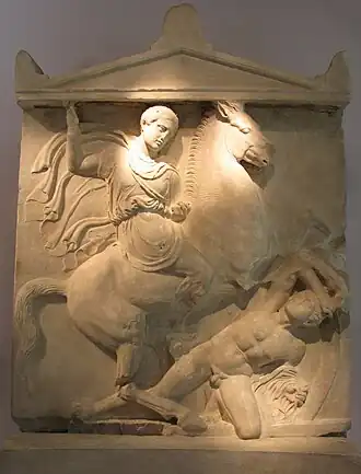 Athenian cavalryman Dexileos fighting a naked hoplite in the Corinthian War.[14] Dexileos was killed in action near Corinth in the summer of 394 BC, probably in the Battle of Nemea,[14] or in a proximate engagement.[15] Grave Stele of Dexileos, 394-393 BC.