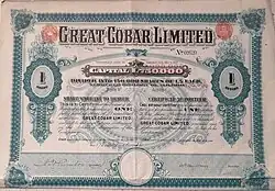 Great Cobar Ltd share warrant. This one was issued after more capital was authorised, in late 1910 (note red-coloured overprinting).