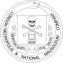 Skull and crossbones and an expired hourglass, surrounded by a snake eating its own tail (ouroboros)