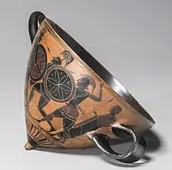 Greek black-figure mastos, ca. 530 BC, with combat scenes, a form of "unstable cup" named and modelled after a female breast