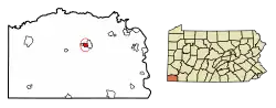 Location of Waynesburg in Greene County, Pennsylvania.