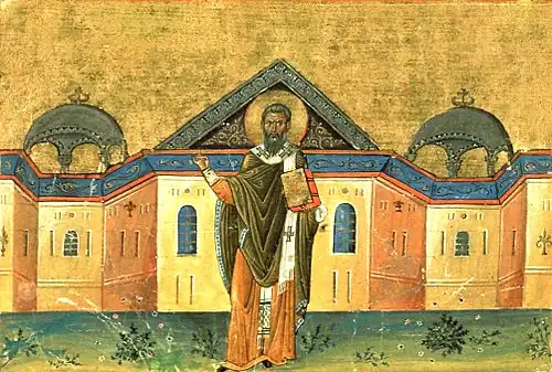 Omophorion seen in the Menologion of Basil II, ca. 1000 AD