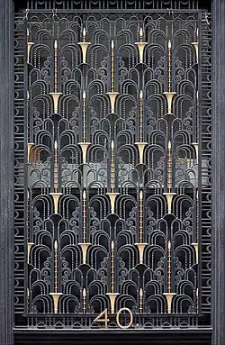 Art Deco volutes on some decorative ironwork of the Madison Belmont Building (Madison Avenue no. 181–183) in New York City, by Ferrobrandt, 1925[13]