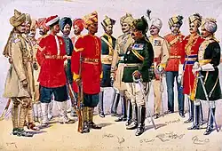 A painted illustration showing a group of men wearing various 19th Century military uniforms – some wearing sand-coloured tunics, some red and some black. All of the men are wearing turbans of various colours.