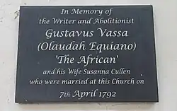 Commemorative Plaque of the marriage of Gustavus Vassa and Susannah Cullen