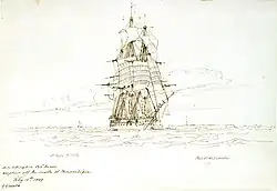 HMS&nbsp;Eurydice weighing anchor off Fort St Sebastian, Mozambique, 10 February 1849. Mends was her senior lieutenant.