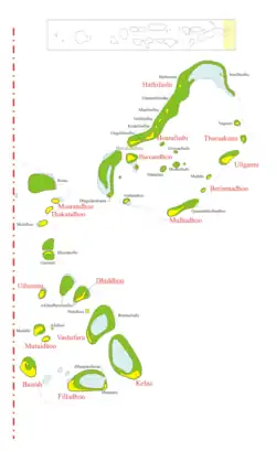 This image is a simplified, color-coded map of the northern atolls of the Maldives, specifically Haa Alif Atoll (Thiladhunmathi Uthuruburi) and Haa Dhaalu Atoll (Thiladhunmathi Dhekunuburi). The map displays clusters of islands and atolls, with landmasses in green, beaches or sandbanks in yellow, and shallow lagoon or reef areas in light blue. The islands are labeled with their names in either red or black text. Major inhabited islands such as Hathifushi, Hoarafushi, Thuraakunu, Uligamu, Berinmadhoo, Mulhadhoo, Ihavandhoo, Maarandhoo, Thakandhoo, Dhidhdhoo, Utheemu, Muraidhoo, Baarah, Filladhoo, Vashafaru, and Kelaa are highlighted in larger red font, indicating their significance or administrative status. Smaller islands and sandbanks are labeled in smaller black text. A dashed red vertical line runs along the left edge, possibly denoting a boundary or the edge of the mapped area. At the top of the map, there is a small inset showing the position of this region within the broader Maldivian archipelago. The background is white, and the map is free of additional topographic or political details.