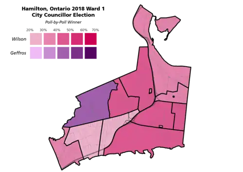 The poll-by-poll results for the Hamilton, Ontario Ward 1 city councillor election in 2018.